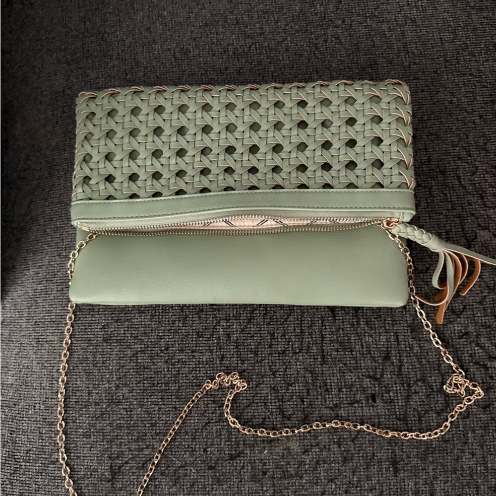 Stylish Green Woven Clutch with Chain Strap